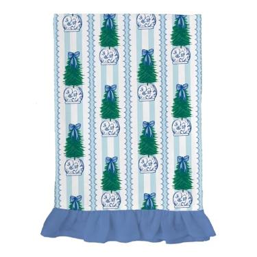 Imagem de Mary Square Jarra de gengibre de Natal com padrão de árvore com babados toalha de chá azul e verde 35 x 16,5 todo algodão toalha de mão de cozinha | Decoração de casa festiva e presente