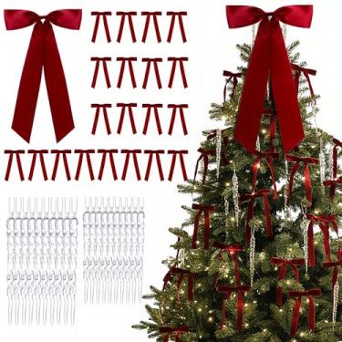 Imagem de Shihanee 41 conjuntos de enfeites de cristal de Natal bordô, 20 peças de laços de veludo, 1 arco grande de enfeite de árvore de Natal, 20 enfeites de gelo de acrílico transparente para decoração de