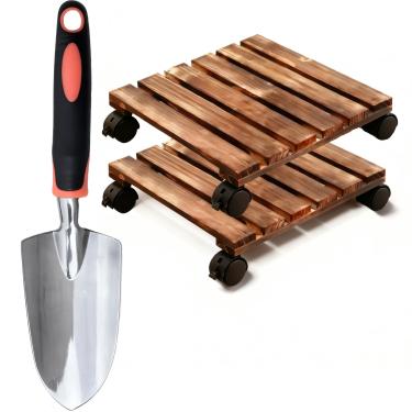 Imagem de AMOFY Pacote com 2 suportes quadrados para plantas de madeira com rodízios de travamento - Carrinho de plantas resistente com bandeja móvel para vasos de plantas internas/externas, 1 espátula incluída