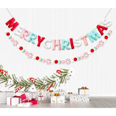 Imagem de Faixa de feltro de lã de feliz Natal pré-amarrada, arco-íris, guirlanda de Natal, guirlanda de feltro de hortelã-pimenta, presentes de Natal para árvore de Natal, guirlanda de lareira para parede