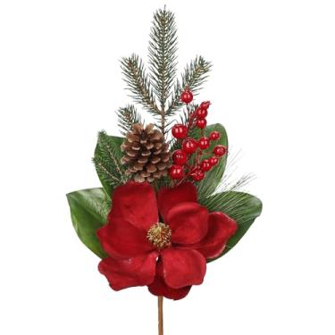 Imagem de Briful Galhos de flores de Natal de magnólia vermelha, pacote com 2 palhetas florais de magnólia artificial de 48 cm e spray com pinhas para decoração de vasos de árvore de Natal