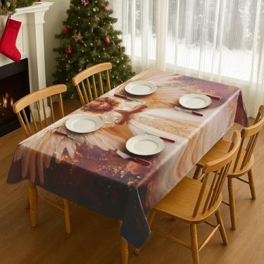Imagem de HOMETITUTE Toalha de mesa de Natal elegante anjo com estampa de asas douradas 203 x 152 cm, toalha de mesa de jantar retangular, decoração de casa espiritual