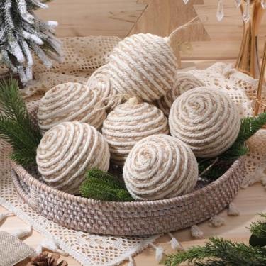 Imagem de RoundFunny 8 peças de enfeites de bola de Natal de 10 cm boho fazenda corda de juta bolas penduradas de serapilheira ornamentos rústicos neutros para árvore de Natal, guirlanda de férias, guirlanda de