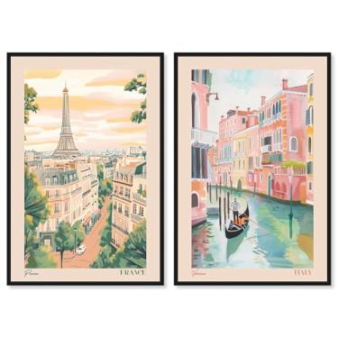 Imagem de Blush Parisian Glam conjunto de 2 painéis impressão em tela arte de parede glamorosa por Art Remedy, moldura preta, 40,6 x 61 cm