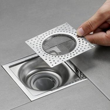 Imagem de 2 peças de filtro de ralo de piso de aço inoxidável filtro de pia filtro quadrado malha antientupimento banheiro esgoto coletor de cabelo pia de cozinha plugue de lixo 8 x 8 x 2 cm