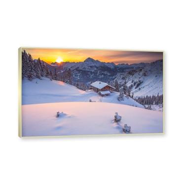 Imagem de NHLDZYH Moldura de champanhe. Arte de parede em tela de paisagem de inverno, (cabine de pôr do sol alpino), cena natural emoldurada para sala de estar, quarto, cena de inverno tranquila pronta para