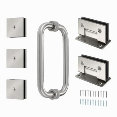 Imagem de Kit de ferragens para porta de chuveiro para vidro temperado de 8 mm a 10 mm, acessórios de ferragens de 2 dobradiças de porta de chuveiro, 3 braçadeiras de vidro e uma alça redonda de 20 cm