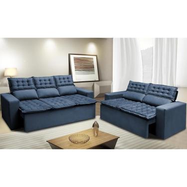 Imagem de Conjunto De Sofá 3 E 2 Lugares Retrátil E Reclinável Cama Inbox Slim 2,00x1,50m Velusoft Azul