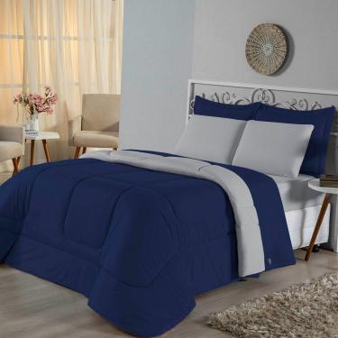 Imagem de Edredom Casal Dupla Face Malha 100% Algodão 1 Peça - Azul Marinho-cinza