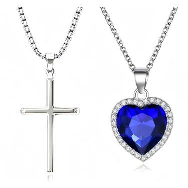 Imagem de O símbolo da proteção do amor 1-2 peças - Colar masculino com cruz de borda chanfrada, colar feminino em forma de coração. Um excelente presente para pais, parceiros, amigos, dias de aniversário