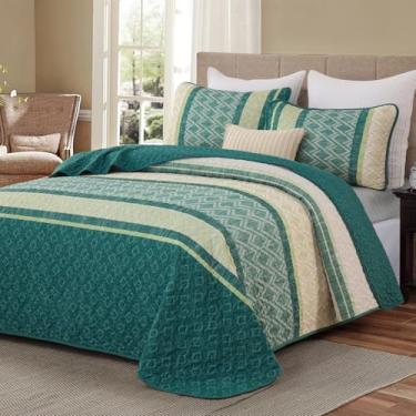 Imagem de Conjunto de colcha Queen, verde sálvia, listrado, boêmio, tamanho Queen, conjunto de cama de outono com 3 peças de microfibra leve com 2 fronhas, conjunto de cama para mulheres e homens, 246 x 221 cm