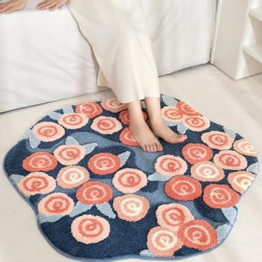 Imagem de Tapete floral de 8 cm x 8 cm em formato redondo, tapete de microfibra, supermacio, macio, antiderrapante, para sala de estar, quarto e sala de jogos infantis, rosas