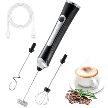 Imagem de Espumador de leite elétrico portátil com 3 cabeças, batedor de café com 3 velocidades recarregável por USB, liquidificador para café com leite, cappuccino, chocolate quente, ovo, pós (preto com 3