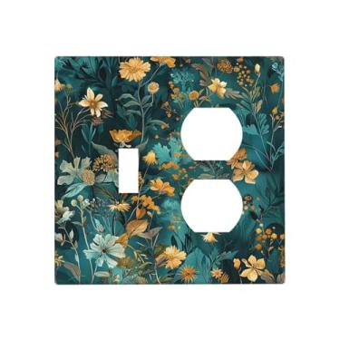 Imagem de BHGAHD Capas de tomada decorativas com conjunto floral com folhas douradas em fundo turquesa, placa de parede de 2 grupos, interruptor de luz duplex, combo de interruptor de luz, capa para decoração