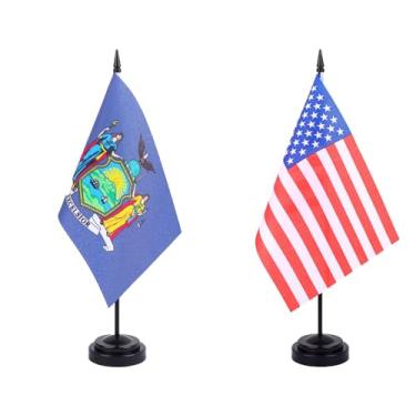 Imagem de JBSJBS EUA New York Desk Flag 30.5 cm Solid Pole Deluxe Set US New York Flags Banner Mini Pequenas Bandeiras de Mesa de Escritório do Estado Americano com Base de Suporte Preto Decorações de Mesa