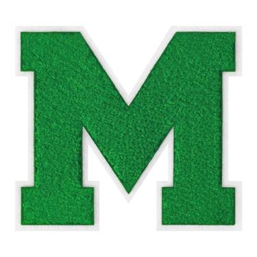 Imagem de 1 peça de patch de letra de chenille verde de 15 cm com borda branca – adesivos do alfabeto para roupas, jaquetas, mochilas, chapéus para decoração personalizada, nome personalizado e artesanato. (M)