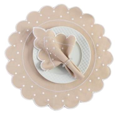 Imagem de Kit Mesa Posta Jogo Americano Bordado com Guardanapo, 12 Peças 6 Lugares, Poá em Oxford Engomado, Sousplat, 50x35cm (Avelã)