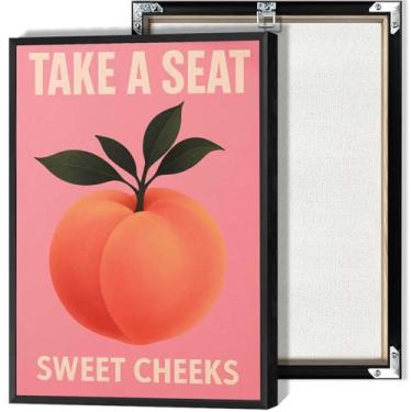 Imagem de Pôster em tela vintage Take A Seat Sweet Cheeks Funny Bathroom Orange Wall Art Peach Butt Impressão em tela linda pintura de pêssego para banheiro banheiro decoração de casa 30 x 40 cm sem moldura