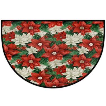 Imagem de Tapete de porta meio redondo, arte de poinsétia de Natal, antiderrapante, absorvente, semicírculo, tapetes laváveis, para ambientes internos e externos, pátio, cozinha, banheiro, entrada, lareira
