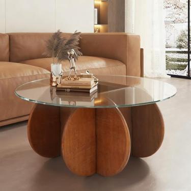 Imagem de Mesas de centro de vidro para sala de estar, moderna e elegante, mesa de centro de fazenda de meados do século com moldura de madeira maciça e mesa de vidro temperado, fácil montagem, 80 cm