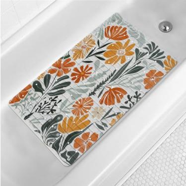 Imagem de Boho Floral Antiderrapante Tapete de Banheira Rústico Flor Chuveiro Antiderrapante Tapete de Banheira Abstrato Botânico Tapete de Banho para Banheira com Ventosas e Orifícios de Drenagem Tapete de