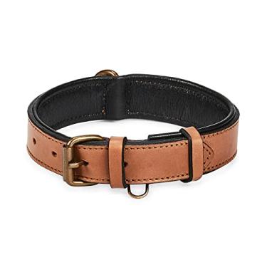 Imagem de Coleira de cachorro de couro real acolchoada interior macio com visual vintage premium feito à mão com anel de etiqueta para animais de estimação pequenos médios e grandes (médio (3,18 cm de largura para 34,32 cm - 44,5 cm de pescoço), conhaque)
