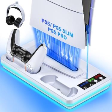 Imagem de ZRZLMVP Suporte e estação de resfriamento PS5 Slim/PS5 com estação de carregamento de controle para PlayStation 5 Slim&Standard Disc/consoles digitais, acessórios de cooler PS 5, incluindo carregador