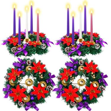 Imagem de LemonRoad Conjunto de 2 guirlandas de Natal do Advento de 30,5 cm, 5 castiçais, decoração de mesa de Natal, centro de mesa, suporte de vela de poinsétia com fita roxa para Natal, decoração de casa