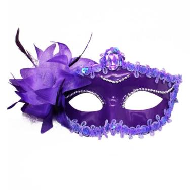 Imagem de MYMENU Máscara veneziana feminina de strass brilhante para fantasia de Halloween, cosplay, festa, baile de formatura, com decoração de flores (Roxo)