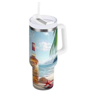 Imagem de Qilmy Copo de vinho na praia de 850 g com tampa e canudo, copo isolado de aço inoxidável durável à prova de vazamento com alça, garrafas de água à prova de derramamento para Travel939