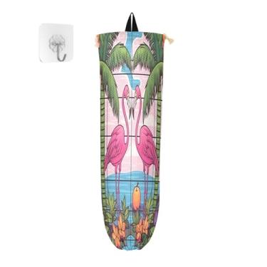 Imagem de xigua Suporte de parede para saco plástico flamingos com cordão, pacote com 2, organizador de sacolas de supermercado reutilizável para bolsas, meias, roupas íntimas e gravatas