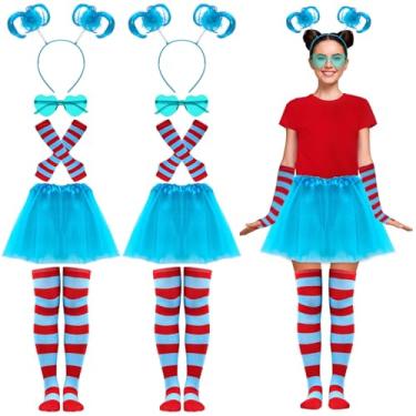 Imagem de 10 peças de acessórios de fantasia de Halloween incluem meias femininas de tule tutu rabo de cavalo listradas, luvas elásticas ciano