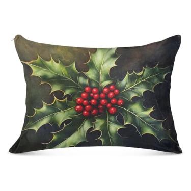 Imagem de Capas de almofada decorativas de Natal Holly cores de flanela para travesseiro padrão Queen King fronha presente decoração de cama, tamanho padrão, 51 x 66 cm