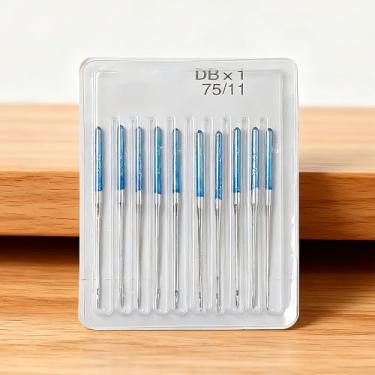 Imagem de Agulhas de bordado 75/11 para máquina de costura, azul, resistente, conjunto de agulhas acolchoadas, 10 peças, antiaderentes para couro e tecido