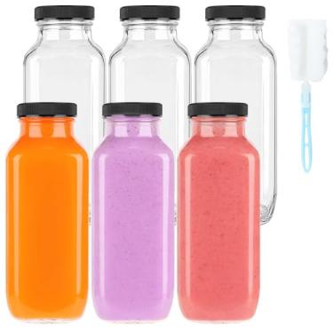 Imagem de GUANENA Pacote com 6 garrafas de vidro, garrafas de água quadradas vintage de 473 ml com tampas, garrafas de suco, recipientes de bebidas para leite, kombucha, smoothies