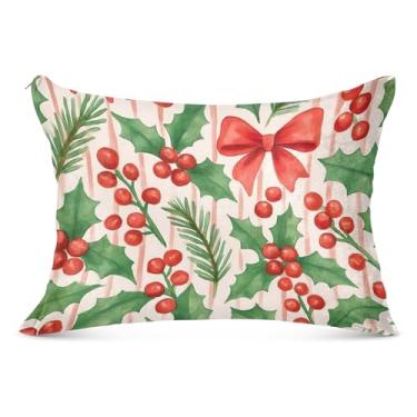 Imagem de Fronha decorativa de Natal em aquarela com laços vermelhos com zíper padrão Queen King Body Size Pillow Slip para cama de casa sofá, tamanho padrão, 51 cm x 66 cm