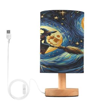 Imagem de Joisal Lâmpada de luz noturna estrelada morcego bruxa lua abajur de linho abajur de mesa redonda, essencial para dormitório