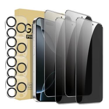 Imagem de Pacote com 4 protetores de tela de privacidade para iPhone 15 Pro [6,1 polegadas] + pacote com 4 protetores de lente de câmera com moldura de instalação, compatível com ilha dinâmica, vidro temperado