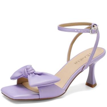 Imagem de TEAIEUI Sandálias femininas com salto de laço, bico quadrado, aberto, fivela no tornozelo, sapatos elegantes para casamento, noiva, formatura, festa, uso diário, Roxa, 40
