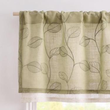 Imagem de Cortina de cenefa Jinchan de lino con bordado de hojas verdes 45x45 cm