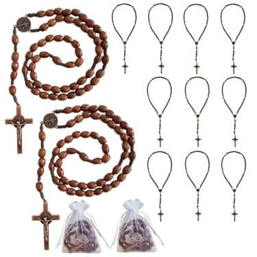 Imagem de Bovemee Rosário de bolso para medalha de São Bento, contas de madeira marrom católica com medalha de san benitol e crucifixo, 23 cm, 9 Inch, Madeira, Sem Pedra Preciosa