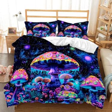 Imagem de AILONEN Conjunto de capa de edredom com desenho de cogumelo, tamanho solteiro, preto, estrelado, roxo, cogumelo mágico, 3 peças, tema planta fungo com 2 fronhas
