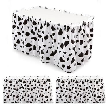 Imagem de Hahafelt Pacote com 3 saias de mesa de plástico com estampa de vaca de 73 x 400 cm para mesas retangulares, saias de mesa descartáveis com estampa de vaca preta e branca com faixa adesiva para festa