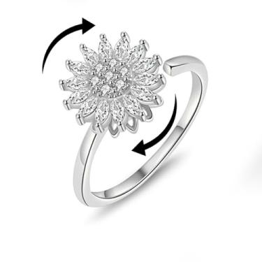 Imagem de KONPJE Anel fidget feminino de girassol para ansiedade, aberto, ajustável, anel de ansiedade, anel de ansiedade, zircônia cúbica, anel de girassol, joia moderna, Strass, Sem pedra preciosa