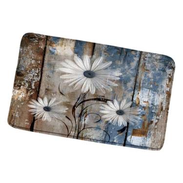 Imagem de Tapete de banho floral de margarida rústica flor branca azul marrom fazenda vintage celeiro prancha de madeira arte abstrata tapetes de banheiro tapete de cozinha tapete de banheiro 45 x 75 cm