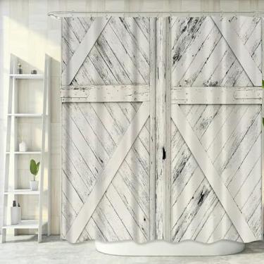Imagem de Cortina de chuveiro de porta de celeiro rústica antiga de madeira vintage decoração de casa de banho banheira cortinas de poliéster à prova d'água com gancho 47 x 83 pol. - 120 x 210 cm/L x A cortinas