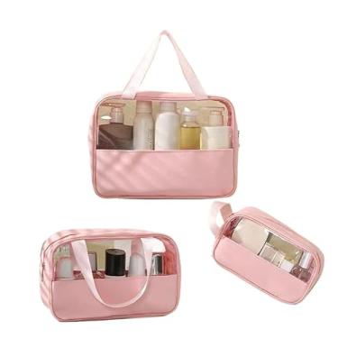 Imagem de Kit 3 Necessaires Transparentes para Viagem – Organize Cosméticos e Produtos de Higiene Pessoal com Praticidade(Rosa【Kit 3】)