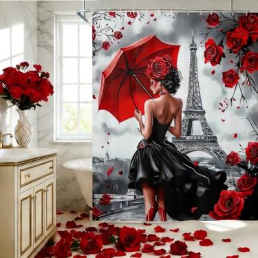Imagem de Cortina de chuveiro com tema romântico, pintura da Torre Eiffel, cortina de chuveiro de tecido para meninas, mulheres, pétalas de flores de rosa, conjunto de cortinas de banheiro pretas para meninas