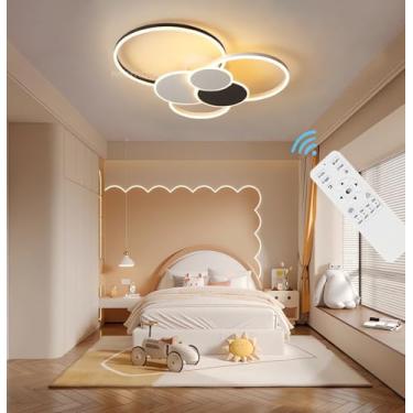 Imagem de Luminária de teto LED moderna para sala de estar, lustre com regulagem de intensidade e controle remoto (3000k-6500k), 80w, alta potência, luminosidade, ideal para quarto (preta, 80cm)