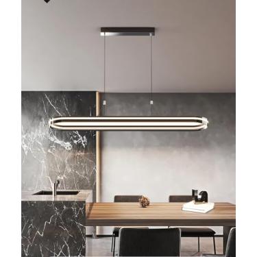 Imagem de Lustre de teto moderno com LED, dimerizável, com controle remoto (altura ajustável), emissão de luz 360°, acabamento em galvanoplastia, ideal para sala de jantar ou bar (preto, 100 cm).